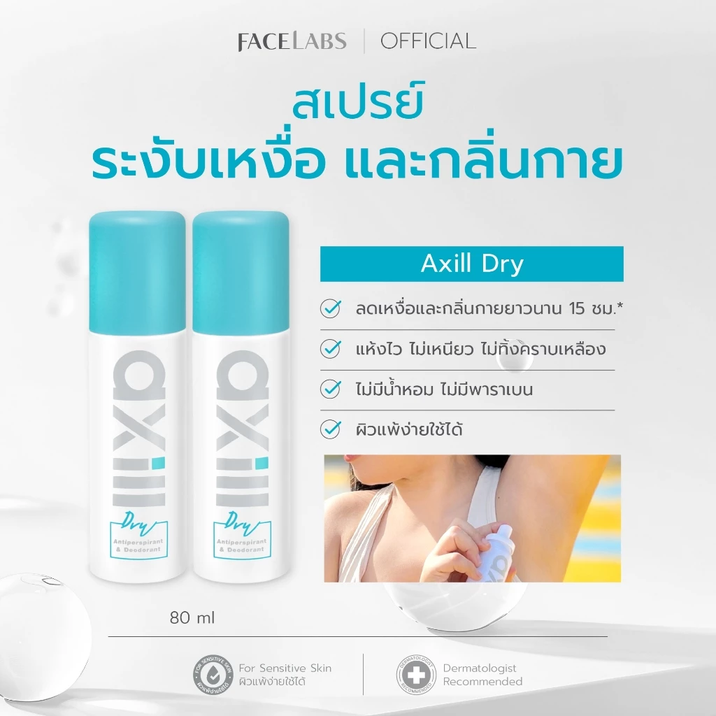 (แพ็คคู่) สเปรย์ระงับกลิ่นกาย axill DRY ANTIPERSPIRANT & DEODORANT 80 ml เหงื่อ แห้งไว ไม่มีน้ำหอม ผิวแพ้ง่ายใช้ได้