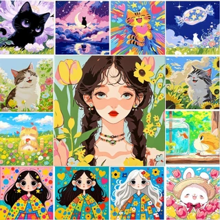 ระบายสีตามตัวเลข 20*20 ซม มีสี+พู่กัน ภาพวาดตกแต่งอะคริลิค วาดภาพสีน้ำมันดิจิตอล ของขวัญ DIY เฟรมผ้าใบ สมใจ