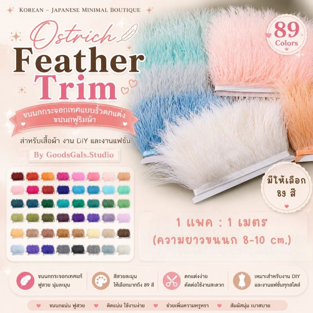 Ostrich Feather Trim ขนนกกระจอกเทศแบบริ้วตกแต่ง ขนนกฟูริมผ้า สำหรับเสื้อผ้า งาน DIY และงานแฟชั่น