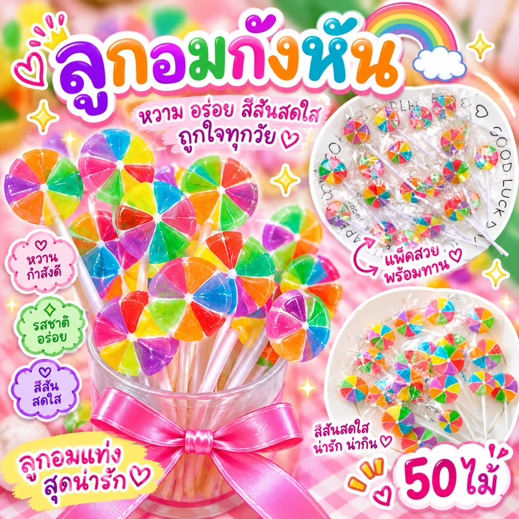 🍭🍭ลูกอมกังหันแบ่งขาย1แพ็ค  50 ไม้ สีสันน่ารักน่าทาน ขนาด 1 ไม้ 10 กรัม🍭🍭