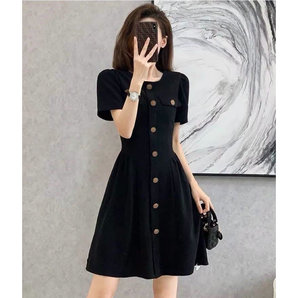 B33 Dress เดรสผ้าลูน่า เดรสออกงาน เดรสคุณหนู กระดุมทอง