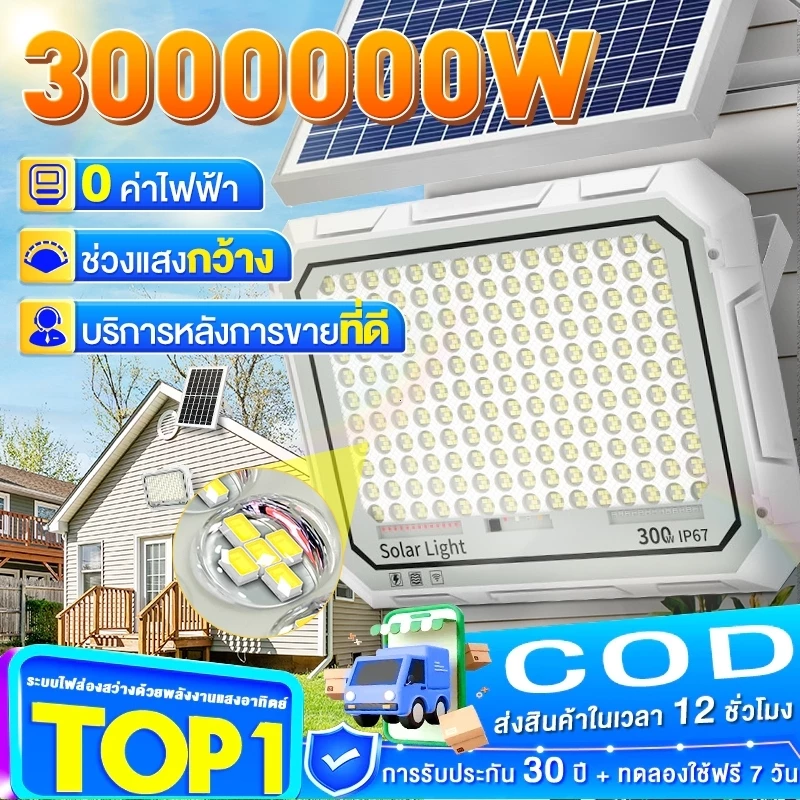 💡ซื้อ 1 แถม 1💡 ไฟโซล่าเซล ไฟ โซล่าเซลล์ แท้ไฟสปอตไลท์ 3000000W solar light IP69 กันน้ำกลางแจ้ง แสงสว่าง 12-14 ชั่วโมง