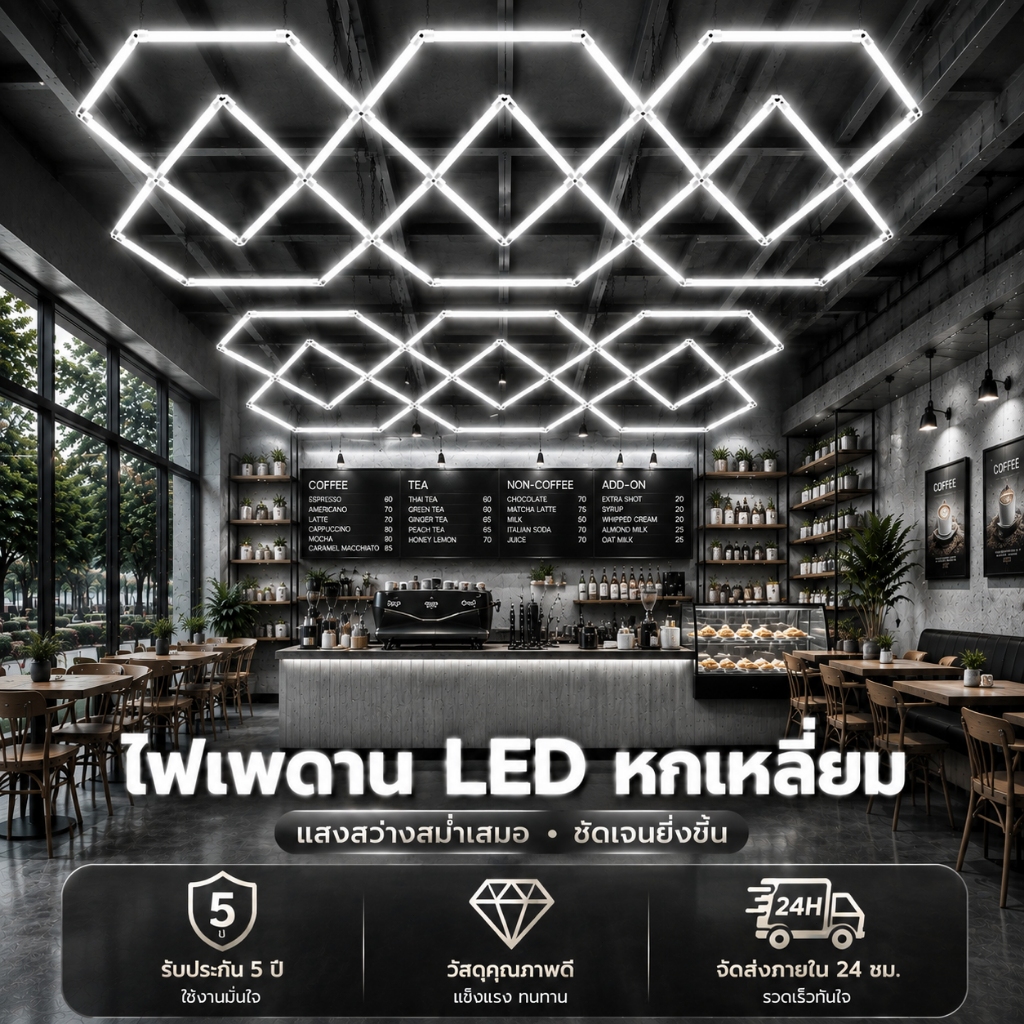 ไฟรังผึ้งหกเหลี่ยม LED Hexagon Garage Light สำหรับคาร์แคร์ โรงรถ อู่ซ่อมรถ สว่างสูง รับประกัน 5 ปี
