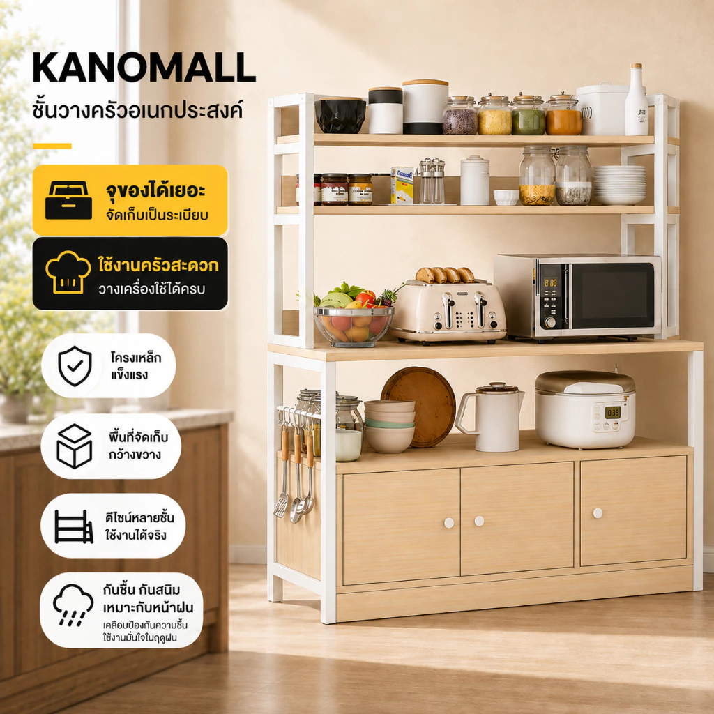 KANO ชั้นวางของในครัว 160cm ตู้กับข้าว เคาน์เตอร์ครัว ชนิดไม้+โครงเหล็ก ชั้นวางอเนกประสงค์ ประหยัดพื้นที่ แข็งแรง ดูดีตา