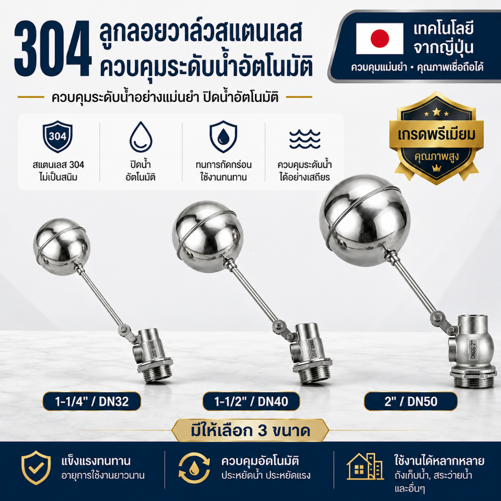 ลูกลอยสแตนเลส 304 Premium วาล์วลูกลอยอัตโนมัติ ควบคุมระดับน้ำ DN15-DN50 ผลิตจากญี่ปุ่น Stainless Float Valve