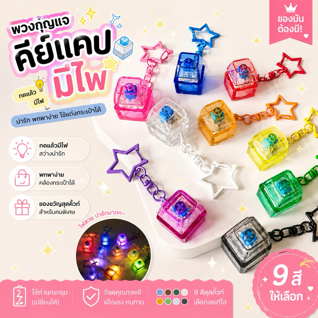 พวงกุญแจคีย์แคปมีไฟ LED กดมีไฟ พวงกุญแจดาว คีย์บอร์ดจิ๋ว ของแต่งกระเป๋า 9 สี