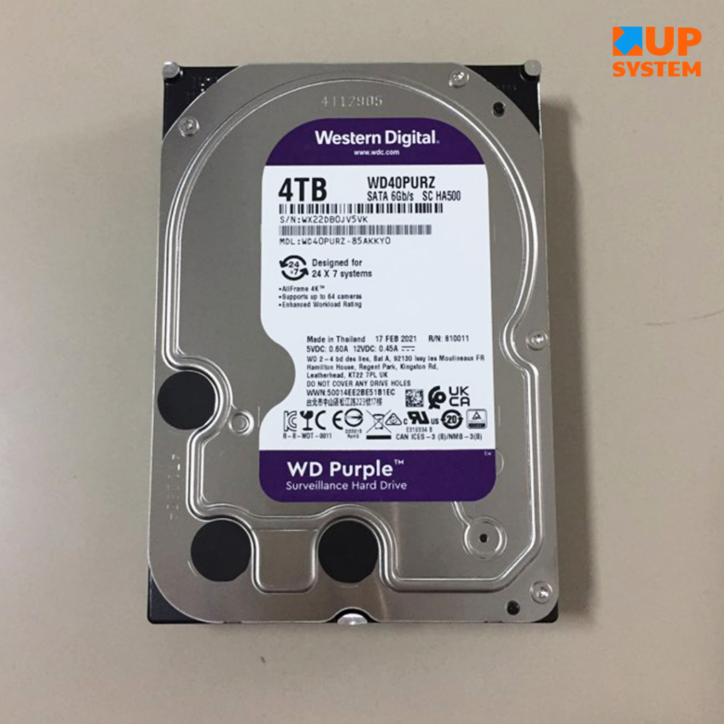 HDD WD Purple (WD40PURZ) / 4TB / SATA 6Gb/s / 5.4RPM / Size 3.5นิ้ว (มือสอง)