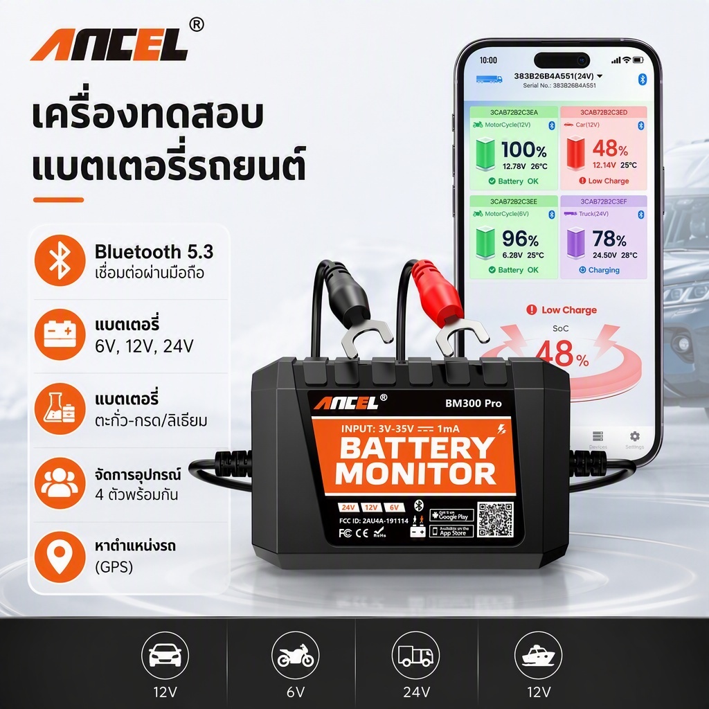 ANCEL BM300 PRO เครื่องทดสอบแบตเตอรี่รถยนต์ 6V 12V 24V วิเคราะห์แบตเตอรี่ตะกั่ว-กรด/ลิเธียม ดูในแอป