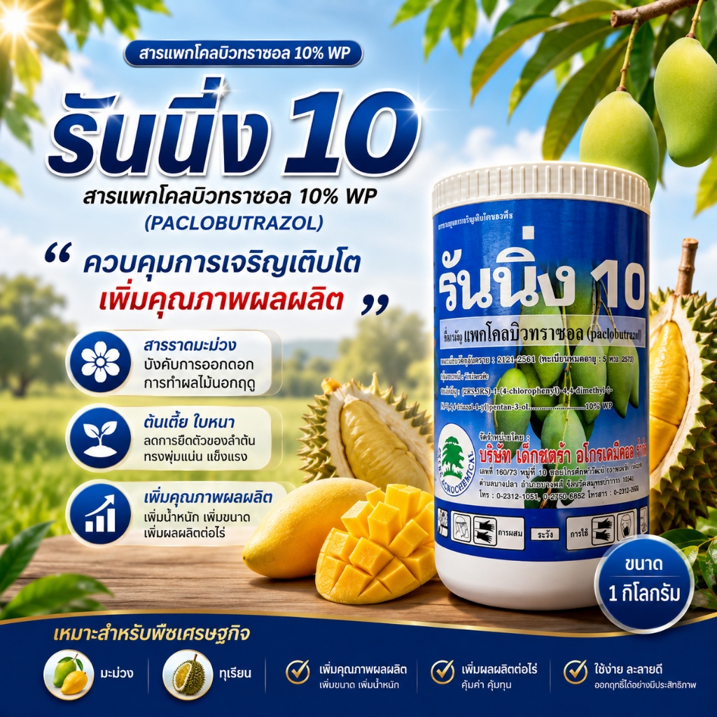 แพกโคลบิวทราซอล 10%, 15% สารราดมะม่วง บังคับให้ออกดอก การทำไม้ผลนอกฤดู เช่น ทุเรียน มะม่วง ไม้ดอก (1กิโลกรัม)