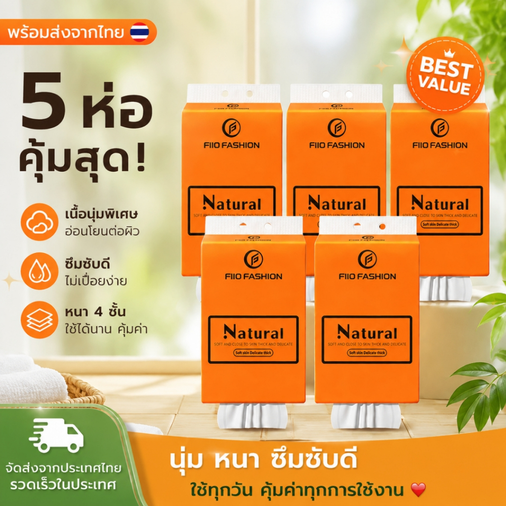 คุ้มเกินราคา! กระดาษทิชชู่แบบแขวน 5 ห่อ หนานุ่ม ซึมซับดี ไม่เป็นขุย อ่อนโยนต่อผิว ใช้งานสะดวก