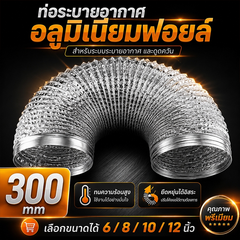 ท่อระบายอากาศยาว 5/10 เมตร ขนาด 4/6/8/10/12 นิ้ว ท่อฟอยล์อลูมิเนียม ท่ออลูมิเนียม ท่อยืดหยุ่น ท่ออากาศร้อน ท่ออ่อนเปลือย