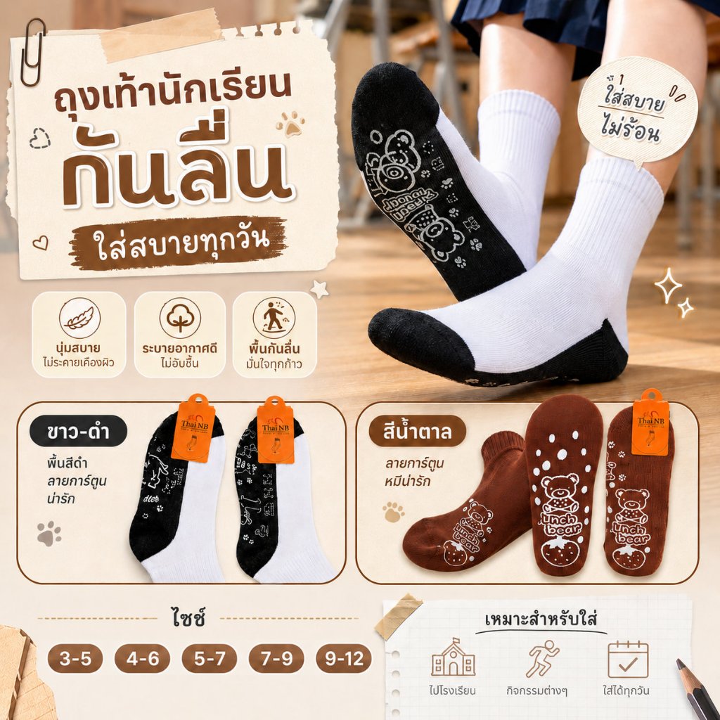 ถุงเท้าสำหรับนักเรียน ซื้อ 12 คู่ แถมฟรี 12 คู่ ถุงเท้ากันลื่น ลายการ์ตูนน่ารัก มีหลายขนาดให้เลือก