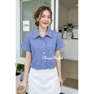 เสื้อผ้าฝ้ายคอปกใหญ่ กระดุมพาสเทล