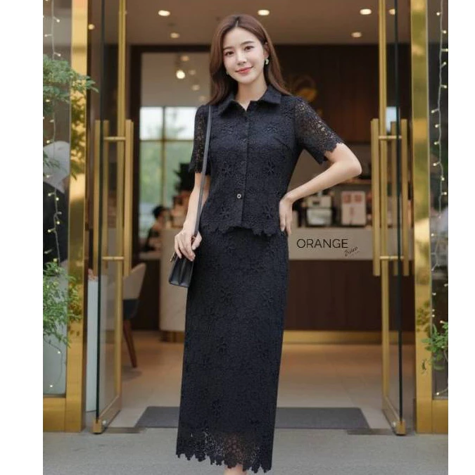 OR21859 ชุดลูกไม้ เสื้อคอปกกระดุมผ่าหน้า กระโปรงทรงสอบ มีซับในทั้งชุด ใส่ทำบุญ ใส่ออกงาน ใส่เที่ยวได้