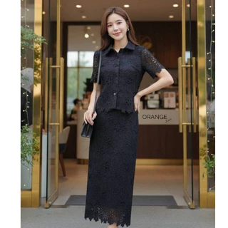 OR21859 ชุดลูกไม้ เสื้อคอปกกระดุมผ่าหน้า กระโปรงทรงสอบ มีซับในทั้งชุด ใส่ทำบุญ ใส่ออกงาน ใส่เที่ยวได้
