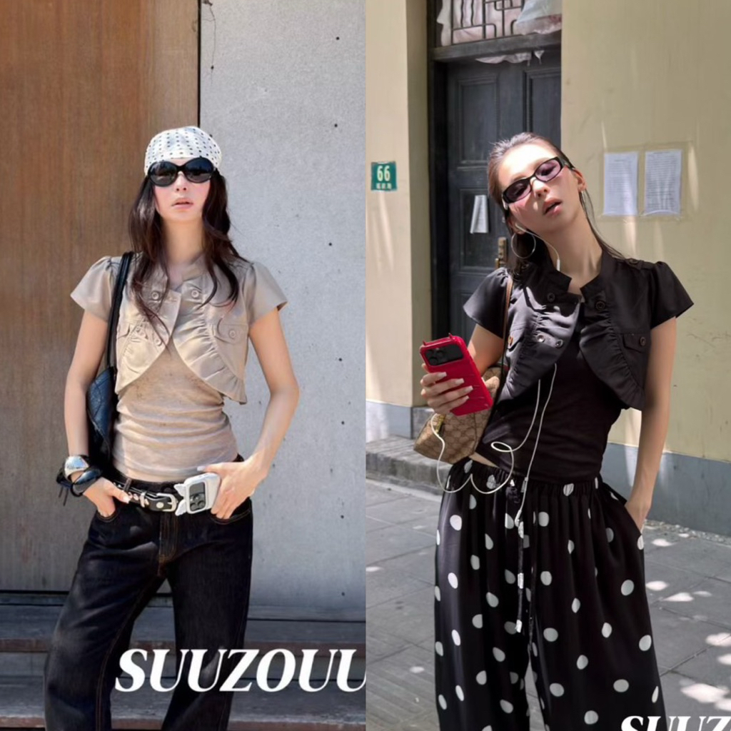 #SU585 Layered Ruffle Crop Jacket Set เซ็ตเสื้อยืดพร้อมแจ็กเก็ตครอปแต่งระบายชาย ลุคเรียบโก้สไตล์เกาหลี Tag MMfish