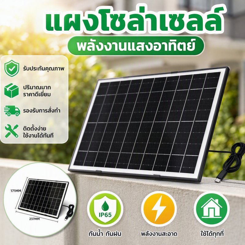แผงโซล่าเซลล์ 10W ชาร์จ Type C สายยาว 1.7M กันน้ำ สำหรับ กล้องวงจรปิด ไฟโซล่าเซลล์