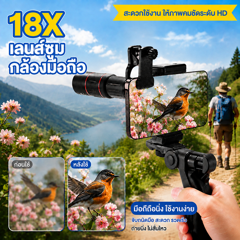 เลนส์ซูมกล้องมือถือ HD ให้ภาพคมชัดทุกมุมมอง เดินทางกลางแจ้ง เลนส์ซูม18X เลนส์โทรศัพท์มือถือ พร้อมด้ามจับ คุณภาพคมชัด