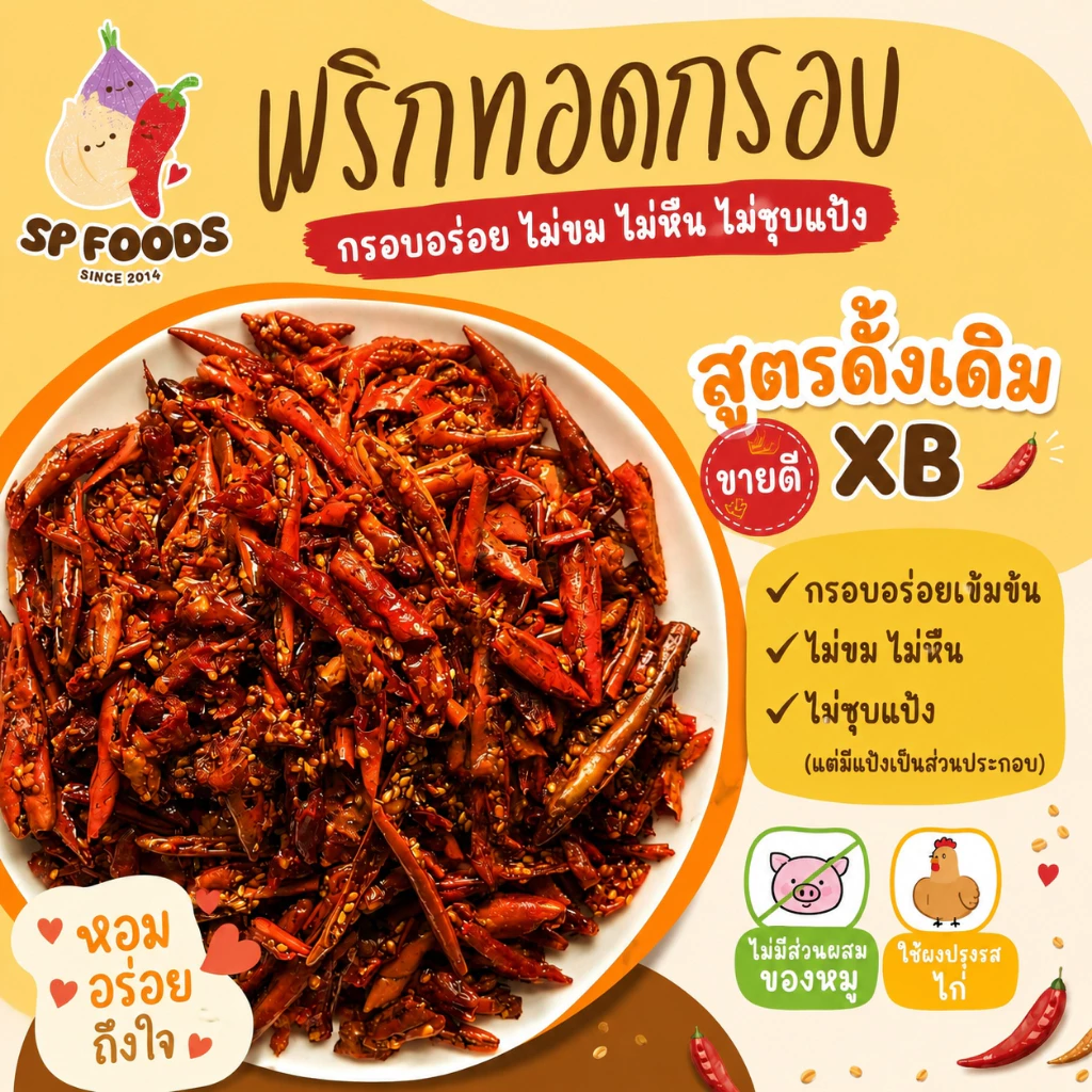 แพ็ค200กรัม พริกทอดเกรดA สูตรXB แป้งน้อย กรอบ หอม เข้มข้น ไม่ขม พริกทอด พริกคั่วงา