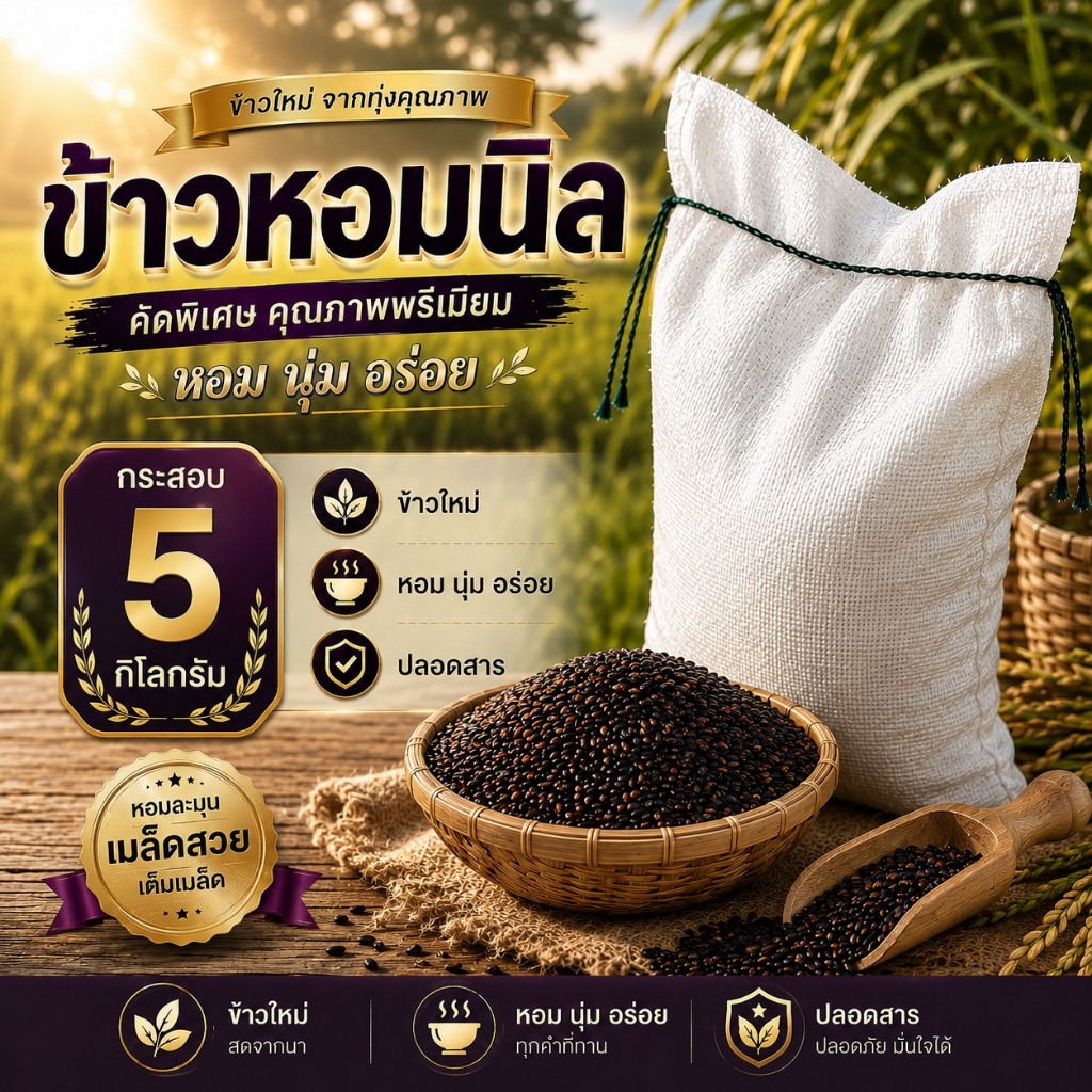 ข้าวหอมนิล กระสอบ5กิโลกรัม ตราทรัพย์ธนา