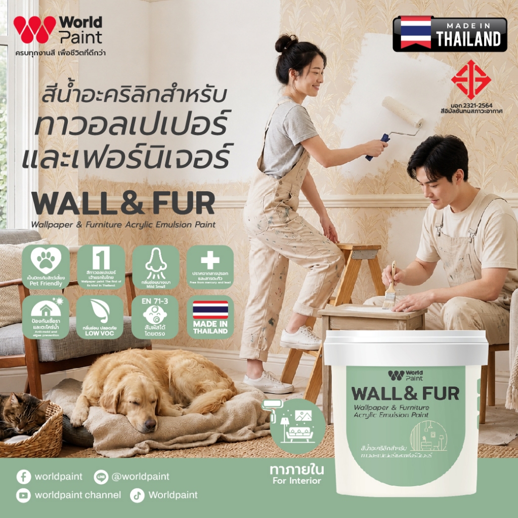 Worldpaint Wall & Fur สีน้ำอะคริลิกทาวอลเปเปอร์และเฟอร์นิเจอร์ แถมฟรี! ลูกกลิ้งขนาด 4 นิ้ว ขนาด 1 กก.