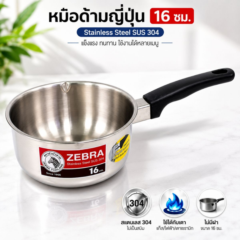 หม้อด้ามญี่ปุ่น ผลิตจากสเตนเลสแท้(ขนาด 16 และ 20 ซม.) ตราม้าลาย ด้ามจับเบกาไลท์ หม้ออุ่นแกง