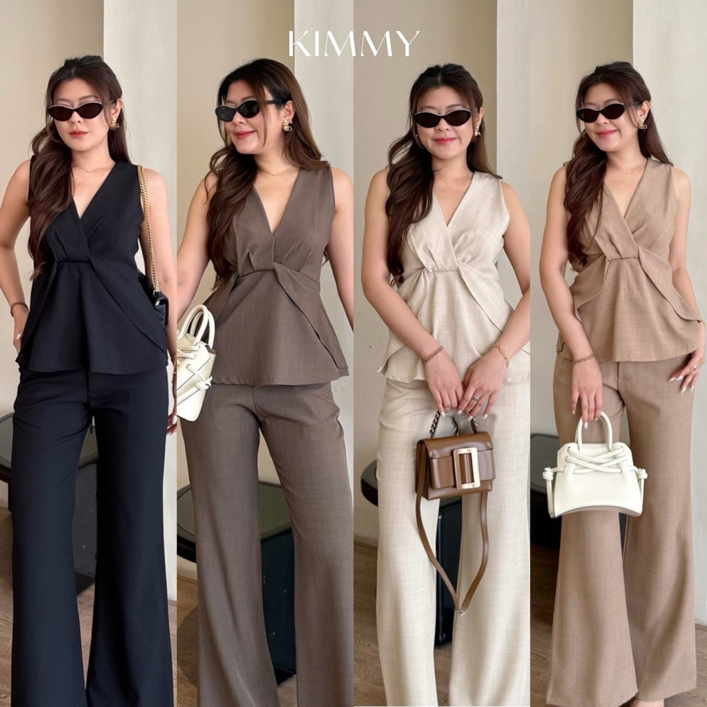 Kimmy Set 🥧ชุดเซ็ตเสื้อแขนกุดป้ายหน้า มีดีเทลระบาย ใส่คู่กับกางเกงขายาวทรงข้าม้านิดๆ มี5 สึ
