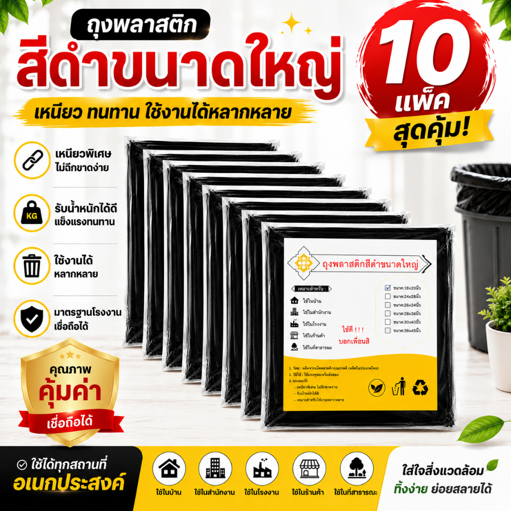 {10แพ็ก} ถุงขยะสีดำ เกรดA เหนียวไม่มีกลิ่นฉุน มีหลายขนาดให้เลือก สะดวกต่อการใช้งาน ขนาด 18"x20" สำหรับถังขยะ 9-15 ลิตร