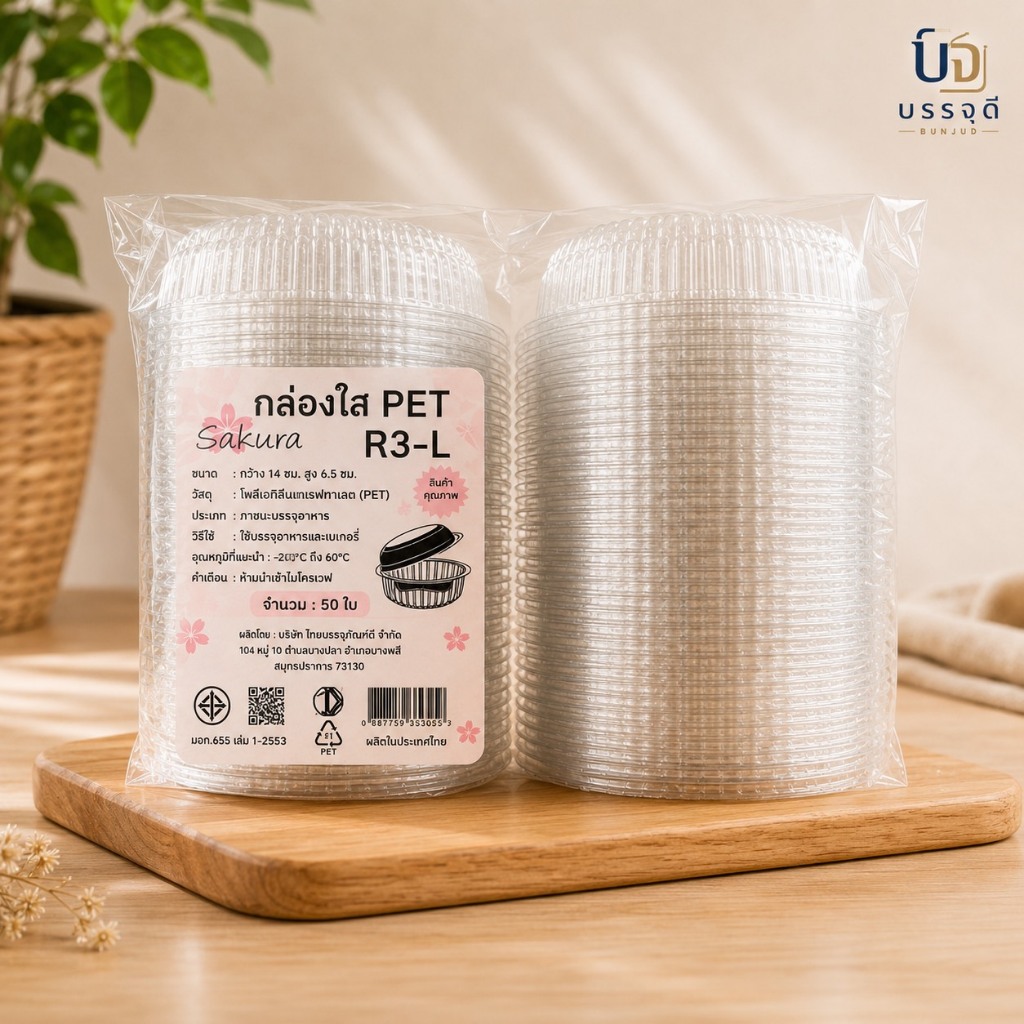 กล่องใส PET R3-L กล่องพลาสติกใส ฝาพับ กล่องใส่ขนม เบเกอรี่ คุกกี้ ผลไม้ กล่องแพ็คอาหาร 50 ใบ/แพ็ค