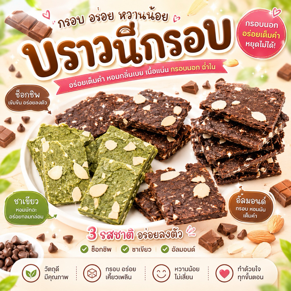 New‼️บราวนี่กรอบ สูตรเนย มี3รสชาติ อัลมอนด์ ช็อกชิพ ชาเขียว สูตรหวานน้อย เก็บได้นาน2เดือน