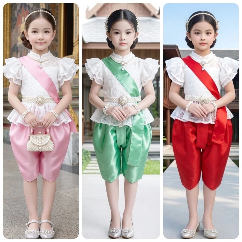 ชุดไทยเด็ก รุ่นเสื้อแขนระบาย+โจงกระเบน+สไบเด็กผู้หญิง รวม 3 ชิ้น *ไม่รวมเครื่องประดับ*