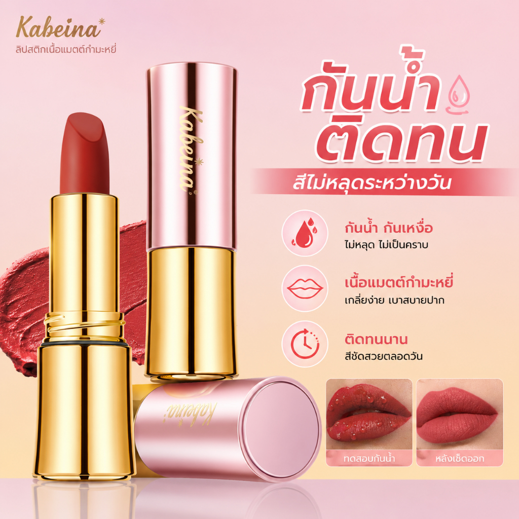 Kabeina ลิปสติกเนื้อแมตต์ ลิปแมตต์กันน้ำ ติดทนนาน สีชัด กลบริมฝีปากคล้ำ ไม่ติดแก้ว ไม่ตกร่องตลอดวัน