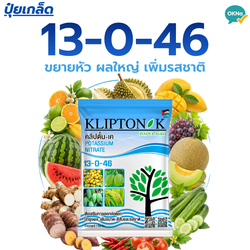 ปุ๋ยเกล็ดคลิปตั้น-เค 13-0-46 ขนาด 1 กก. โพแทสเซียมไนเตรต ปุ๋ยบำรุงผล เพิ่มขนาด สีและรสชาติ ส่งเสริมก