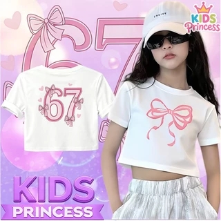 COD (จัดส่งตลอด 24 ชั่วโมง) เสื้อครอปเด็กผู้หญิง แขนสั้น ลายโบว์ เสื้อยืดแฟชั่นเด็ก สไตล์เกาหลี น่ารัก หวานๆ