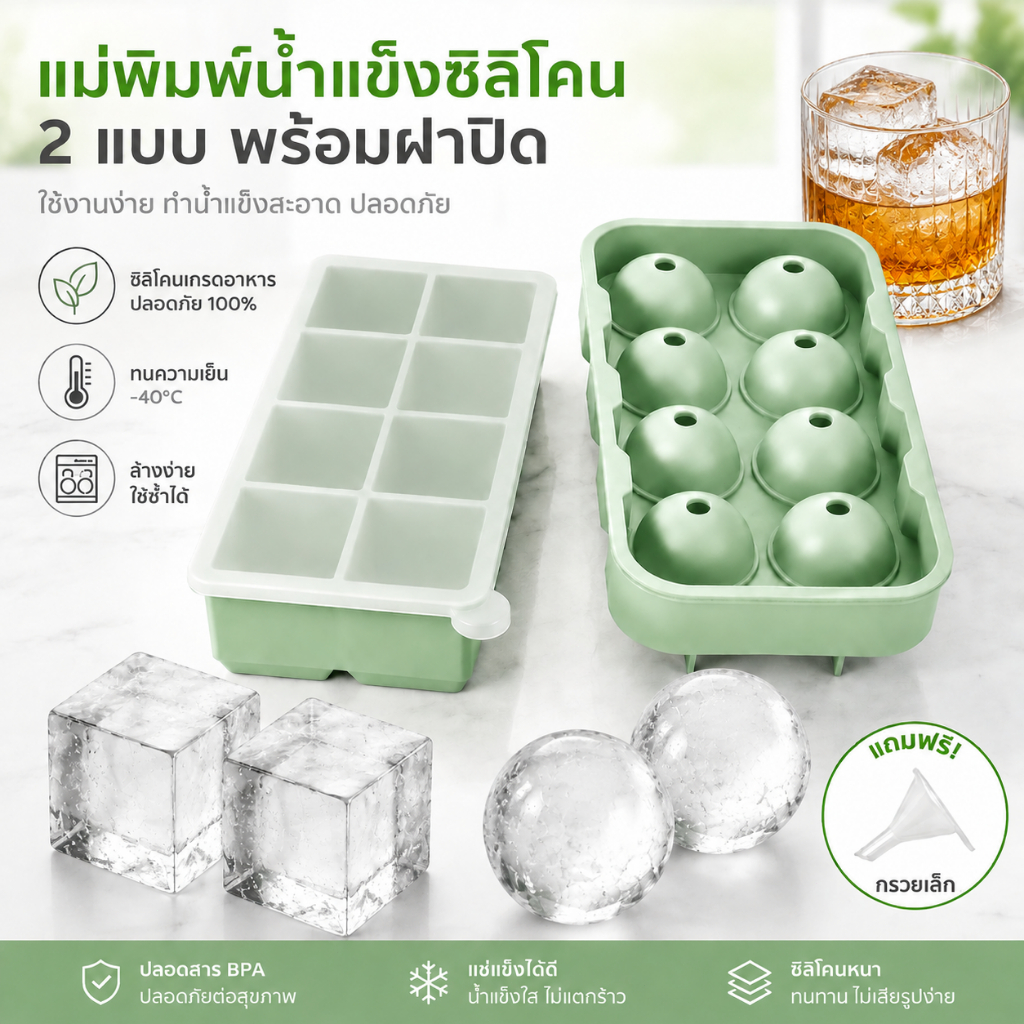 เครื่องทําลูกน้ําแข็งซิลิโคนเกรดอาหาร แม่พิมพ์น้ำแข็งซิลิโคนขนาดใหญ่ พร้อมฝาปิด ทําเอง สําหรับตู้แช่แข็งวิสกี้ค็อกเทล
