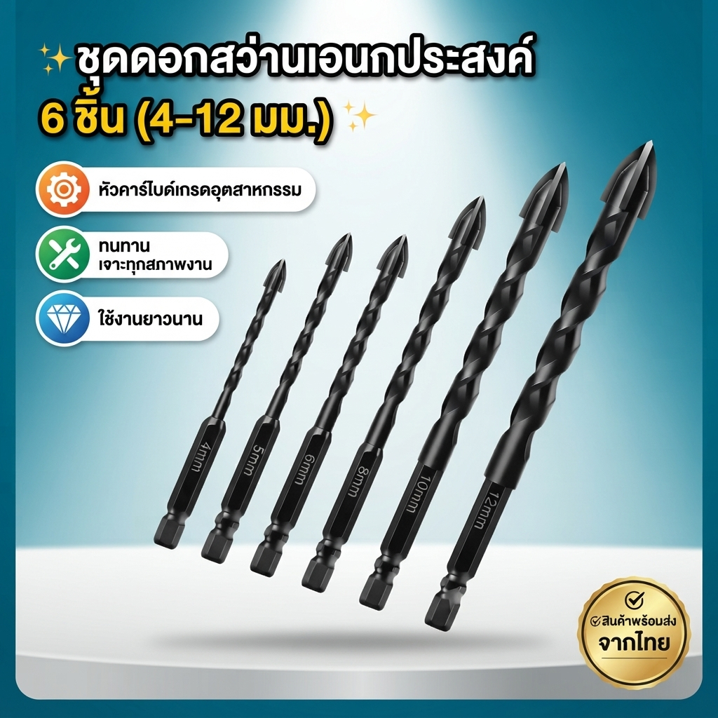 ดอกสว่านเจาะกระเบื้อง หินแกรนิต 6 ชิ้น หัวคาร์ไบด์แท้ เจาะปูนกระเบื้องเหล็กไม้ได้ ไม่บิ่นไม่แตก ใช้กับสว่านบ้านทุกรุ่น