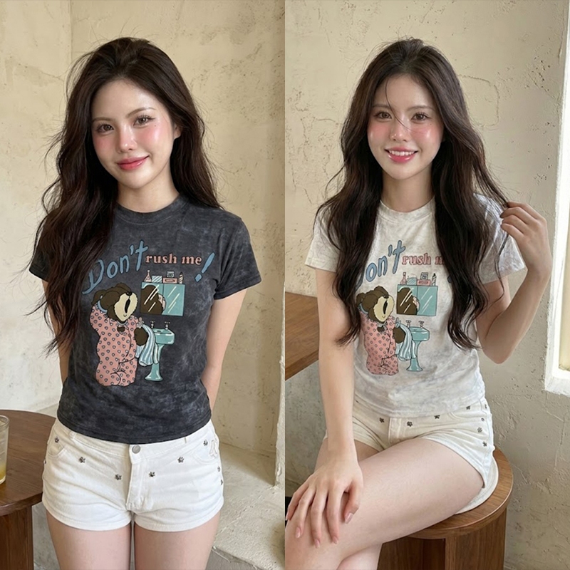 VibeHouse เสื้อยืดรัดรูป สกรีนลายน่ารัก พร้อมส่ง มีไซส์ M 2XL สาวอวบก็ใส่ได้ พร้อมส่ง รุ่น แครอทหินอ่อน 007