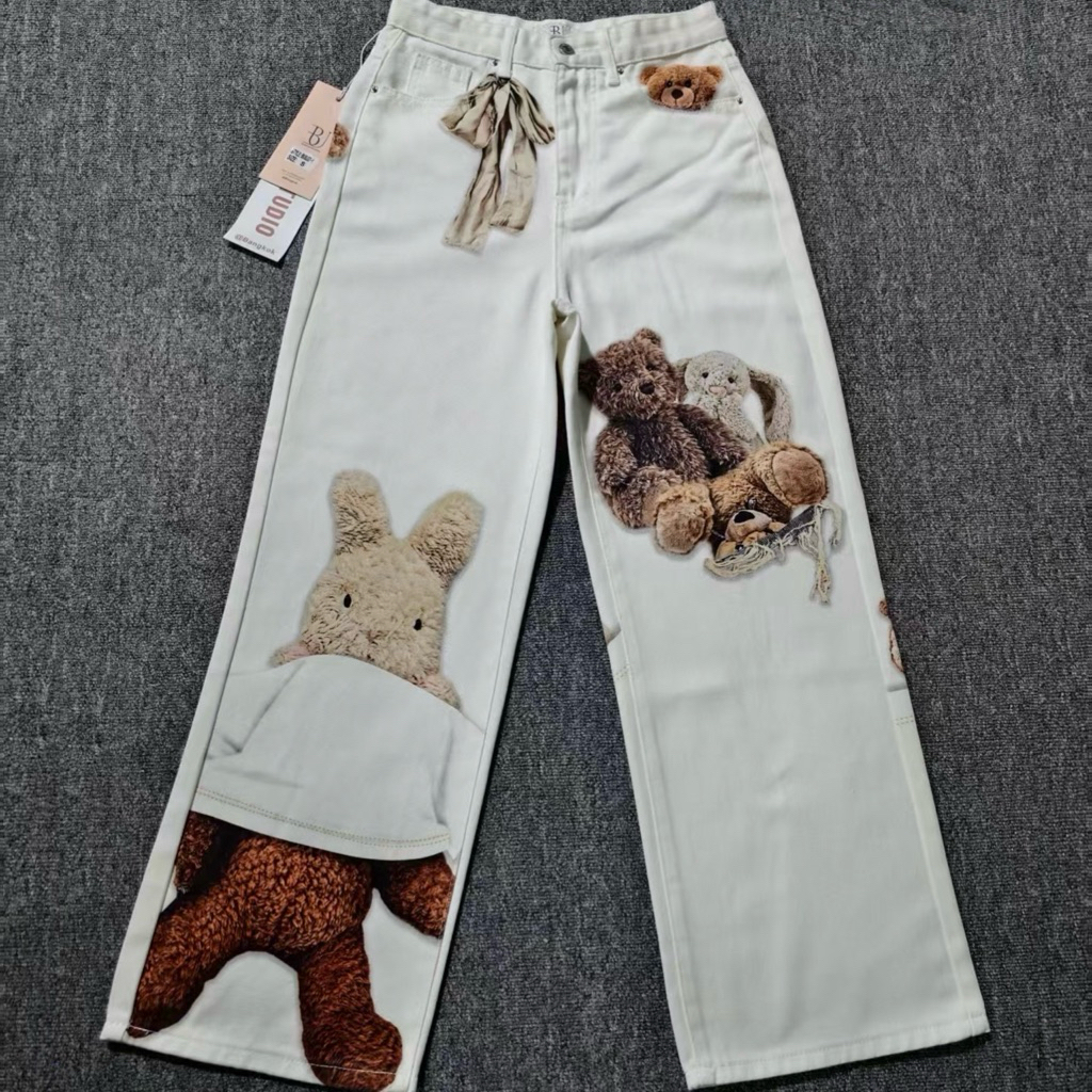 XS-4XL BACKUP กางเกงยีนส์ขายาวกระบอก Baggy Jesns พิมพ์ 3D หมี กระต่าย ขาว ยีนส์ใยน้ำแข็ง