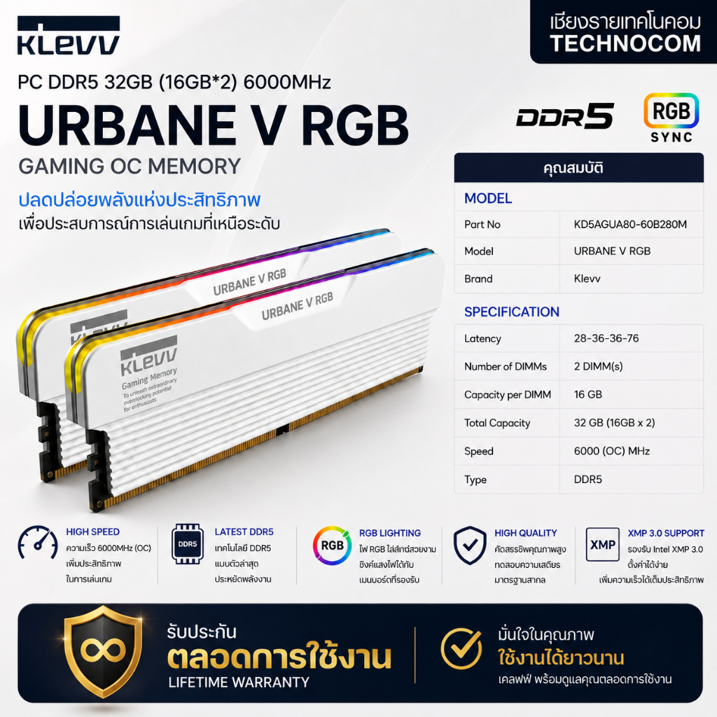 KLEVV URBANE V RGB DDR5 32GB (16GBx2) 6000MHz WHITE (แรมคอมพิวเตอร์ RAM) Gaming OC (KD5AGUA80-60B280