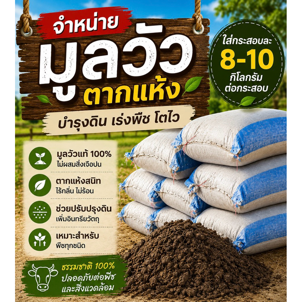 มูลวัว ปุ๋ยคอกแห้งวัว 100% น้ำหนัก 8-10 กิโลกรัม คัดสวย สำหรับการปลูกพืช ไม่มีส่วนผสมอื่น (สั่ง1ออเดอร์/ไม่เกิน2กระสอบ)