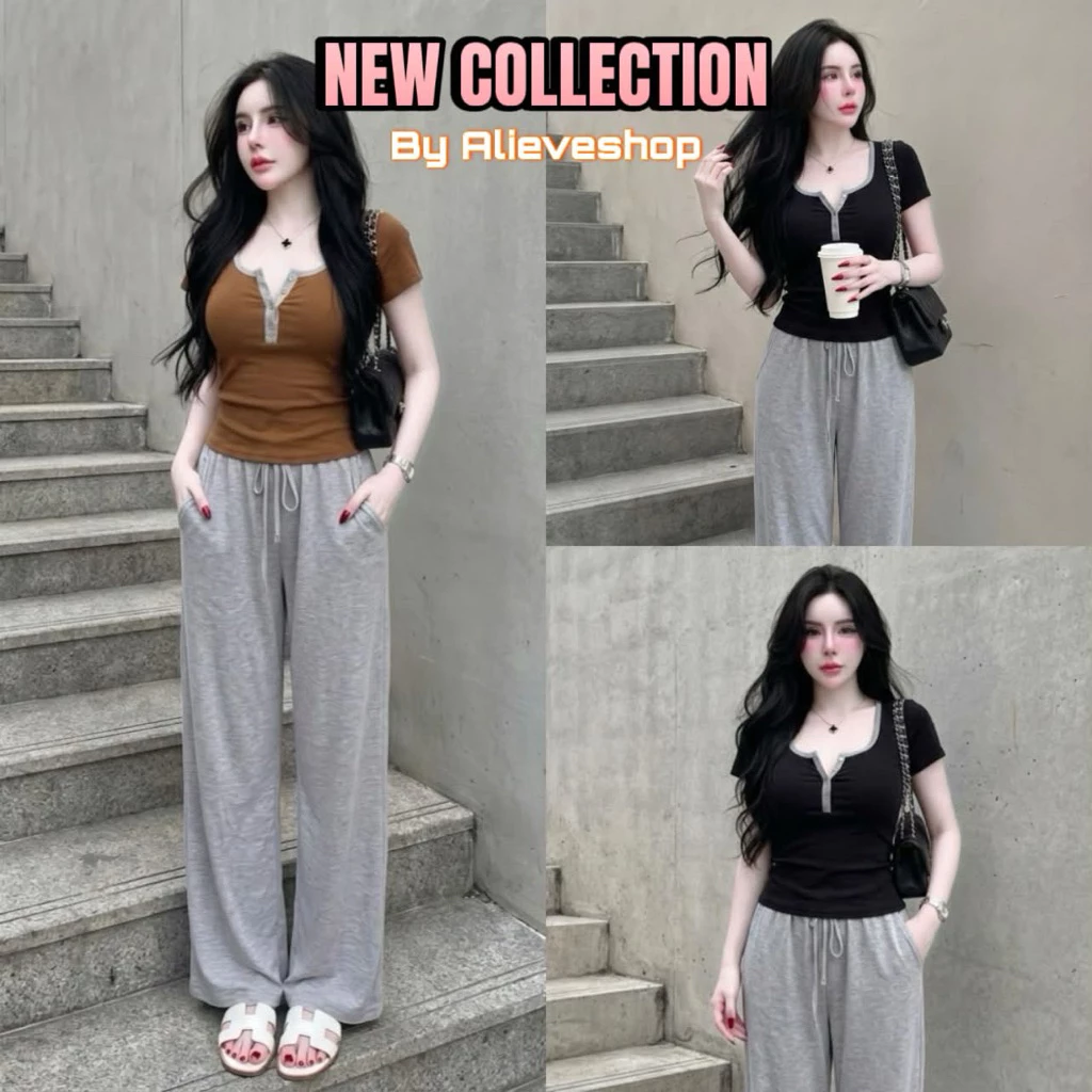 [พร้อมส่ง]🚛Set 2 ชิ้น{เสื้อคอยูกระดุม+กางเกงขายาว}