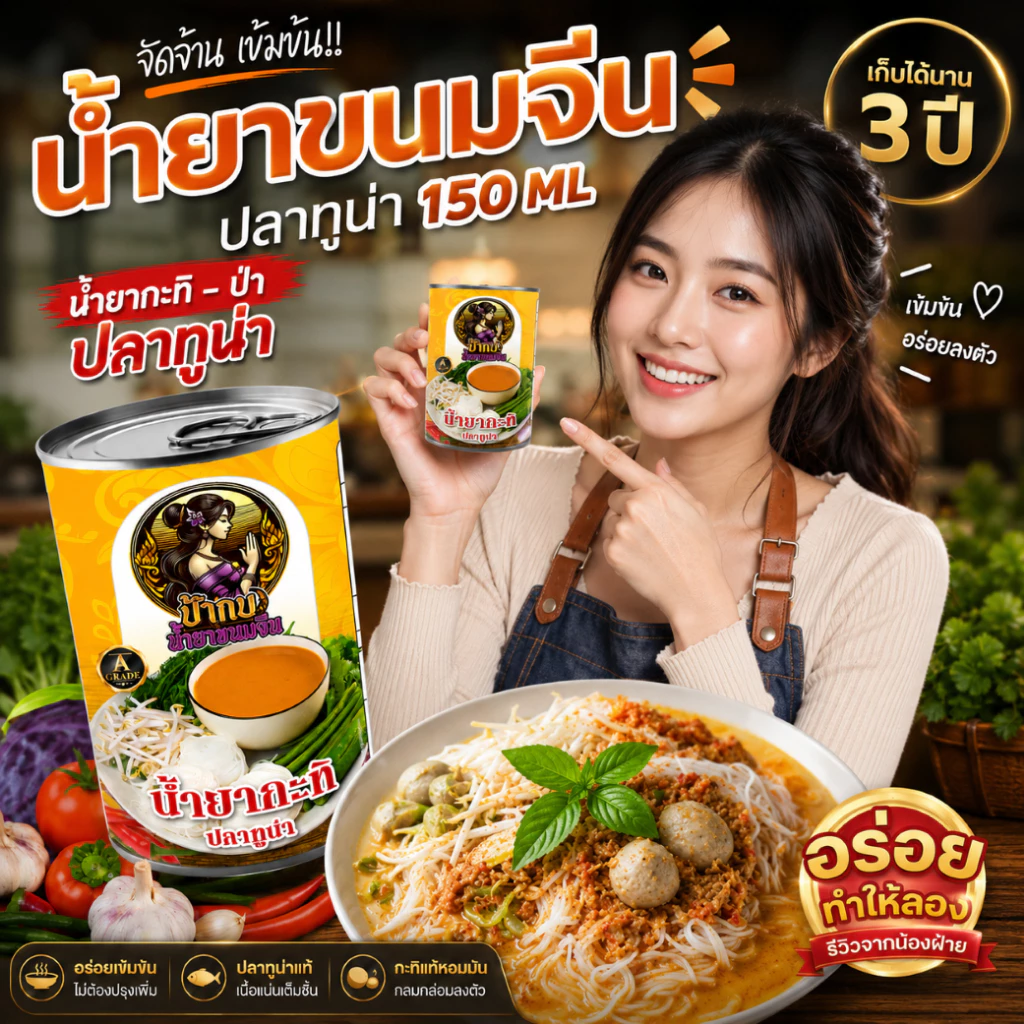 น้ำยาขนมจีน น้ำยากะทิ น้ำยาป่า สำเร็จรูปกระป๋องพร้อมทาน รสชาติหอมเครื่องเทศ อร่อยมาก เก็บได้นาน 3 ปี