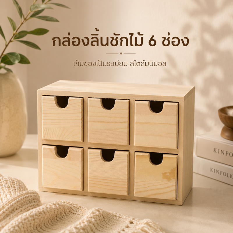 กล่องลิ้นชักไม้สน ลิ้นชักไม้จัดระเบียบ 6 ช่อง ลิ้นชักจิ๋วเก็บของบนโต๊ะ ใช้เก็บเครื่องเขียน เครื่องประดับ ของจุกจิก