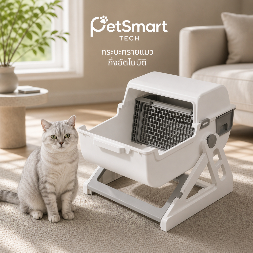 [PetSmart]กระบะทรายแมวกึ่งอัตโนมัติ ขนาดใหญ่ ไม่ต้องตัก ยก-พลิก-วาง เก็บอึง่าย กันทรายกระเด็น ลดกลิ่น รองรับ 7kg
