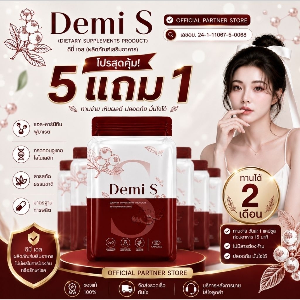 ดีมี่เอส Demi S แคปแดง โปร 6 ซอง [ตระกร้าหลัก] ผลิตภัณฑ์เสริมอาหาร ส่งตรงจากบริษัท ขนาด 60 แคปซูล