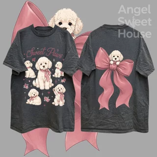 (COD) Angle Official เสื้อยืดผู้หญิงแขนสั้น ทรงหลวม ลายน้องหมากับโบว์ชมพู Sweet Paws สไตล์หวานน่ารัก ผ้านุ่ม ใส่สบาย