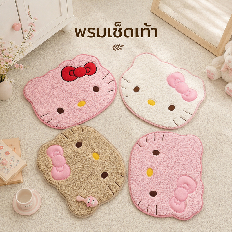 พรมปูพื้นลายคิตตี้ พรมรองเท้าหรือพรมตกแต่งห้องลายคิตตี้สุดน่ารัก สไตล์ญี่ปุ่นโทนพาสเทล เนื้อนุ่มฟูสัมผัสสบาย เหมาะสำหรับ