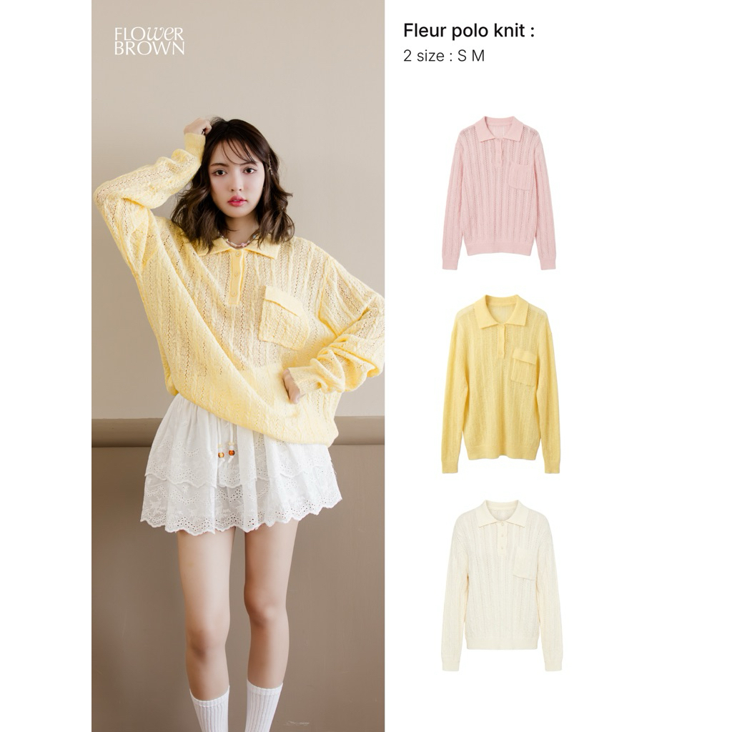 Flower brown : Flully polo knit เสื้อโปโลไหมพรมแขนยาวทอฉลุ