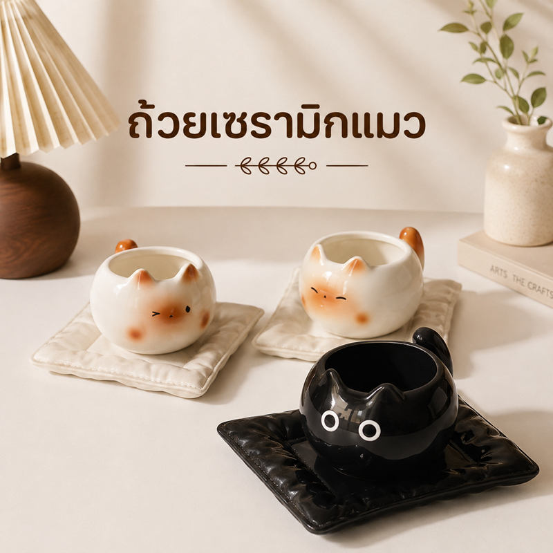 ถ้วยซุปลายแมว หน้าสีน้ำตาล ถ้วยเซรามิคแมว พร้อมจานรอง ลายแมวสุดน่ารัก 210ml ถ้วยขนม ถ้วยกาแฟ ของแต่งบ้านมินิมอล