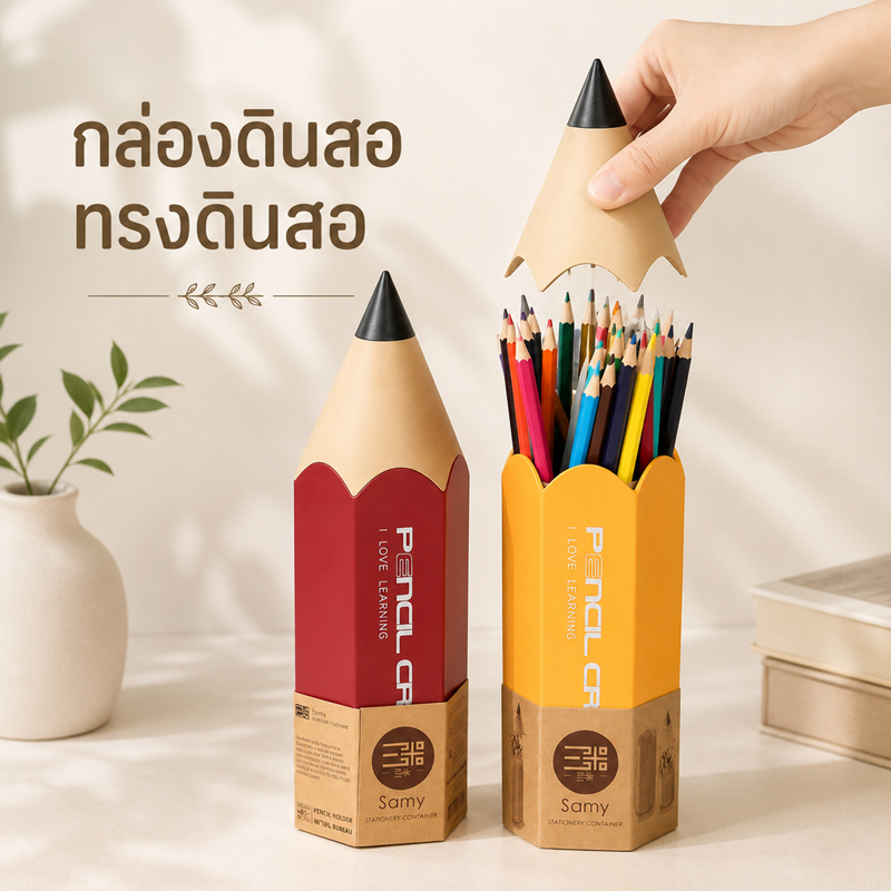 กระบอกรูปปากกา ที่ใส่ปากกาทรงดินสอ กล่องใส่เครื่องเขียน 2 ชั้น ลายมินิมอล ที่จัดระเบียบโต๊ะเรียน/โต๊ะทำงาน